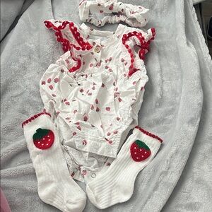 Rachel Zoe White One-Piece with Red Strawberry Print, Headband & Socks